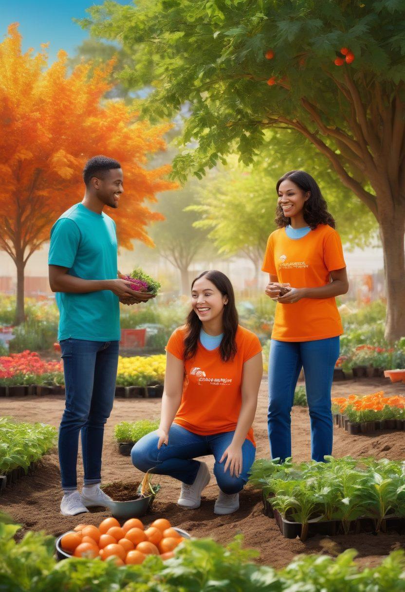 A warm scene depicting diverse individuals engaging in various charitable activities, such as volunteering at a food bank, planting trees, and sharing smiles. The background features a vibrant community garden symbolizing growth and connection. Emphasize the genuine emotions of compassion, collaboration, and joy in their interactions. Use a harmonious color palette to evoke feelings of hope and togetherness. super-realistic. vibrant colors. natural setting.