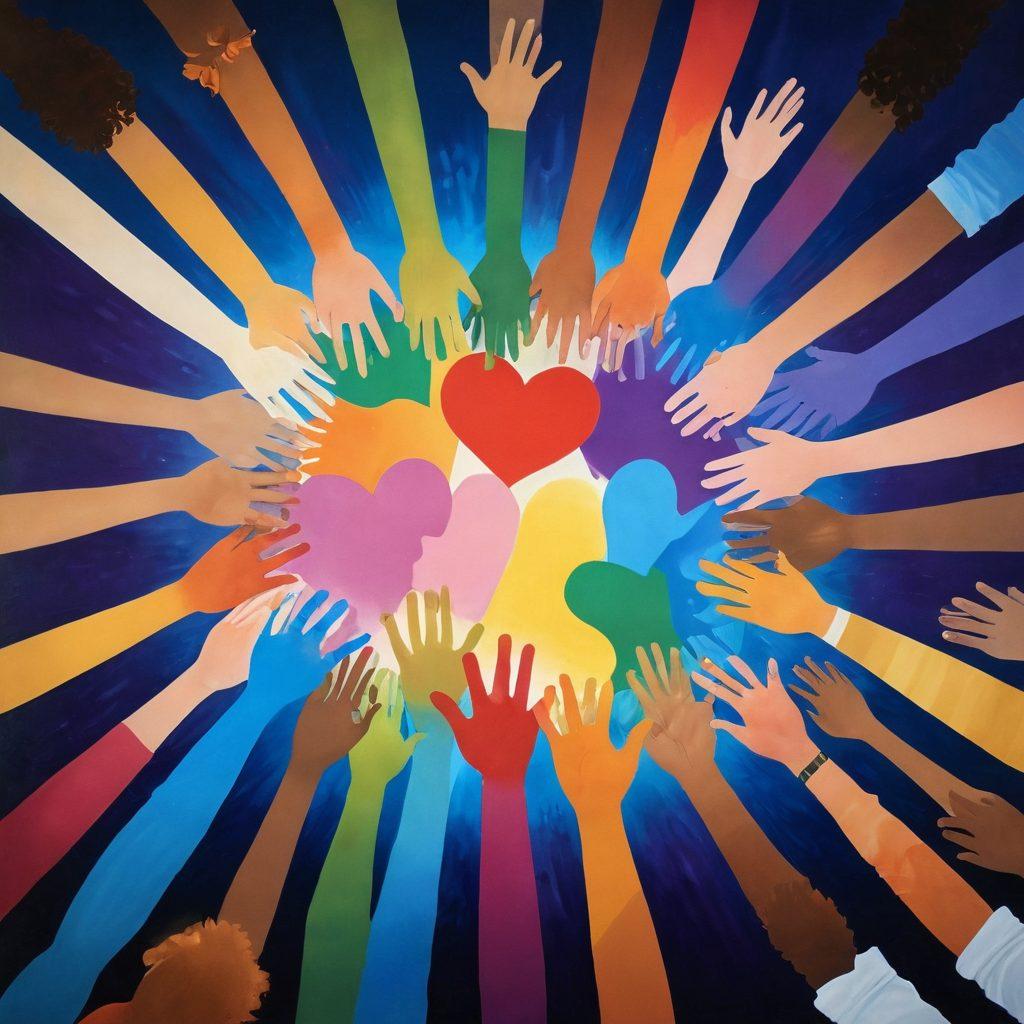 A vibrant mural depicting a diverse group of people connecting emotionally, forming symbolic bridges made of colorful hearts and hands. Surround them with elements representing community support such as food, laughter, and shared stories. The background should have soft glowing lights, enhancing a warm and inviting atmosphere. super-realistic. vibrant colors. painting.