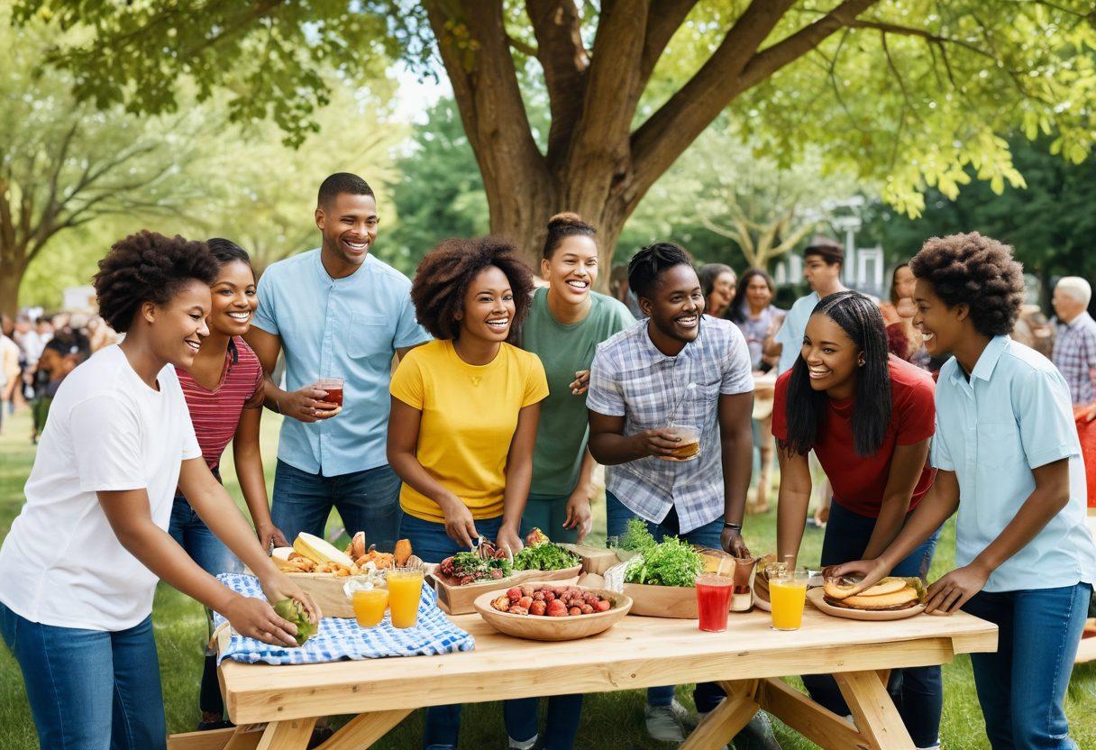 A diverse group of people from different backgrounds smiling and engaging in a community gathering, showcasing teamwork and support. Include elements like a picnic table full of shared food, people planting trees, and children playing together. Use warm colors to evoke a sense of unity and warmth. super-realistic. vibrant colors. outdoor setting.